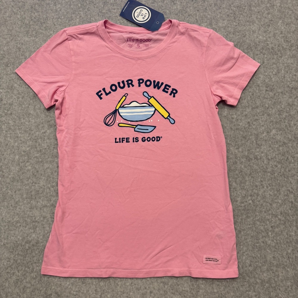 Life Is Good Flour Power Crusher Tee Pink Baking Graphic T-Shirt Small NWT